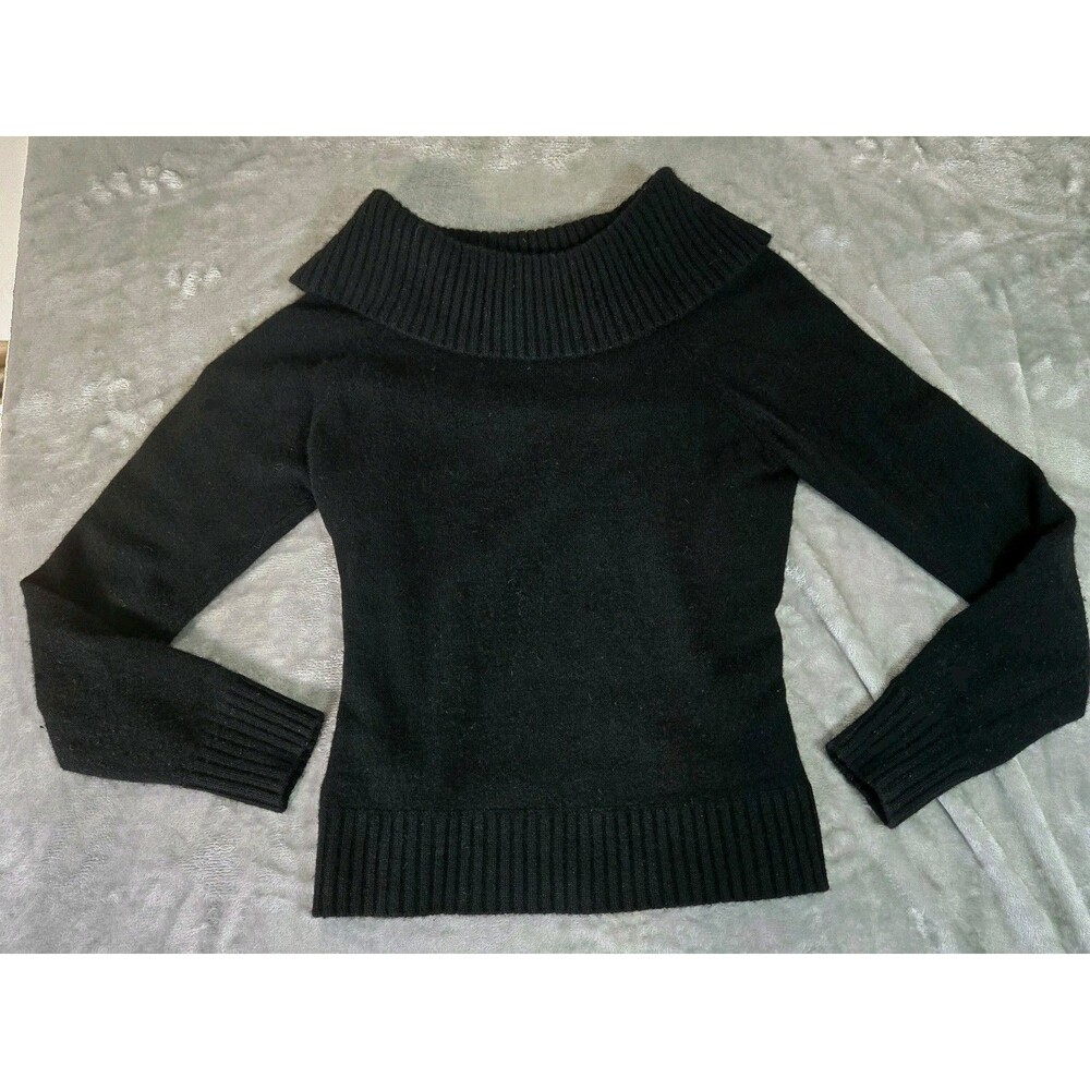 Jones New York 100% Cashmere Sweater Black Off The Shoulder Foldover Collar y2k